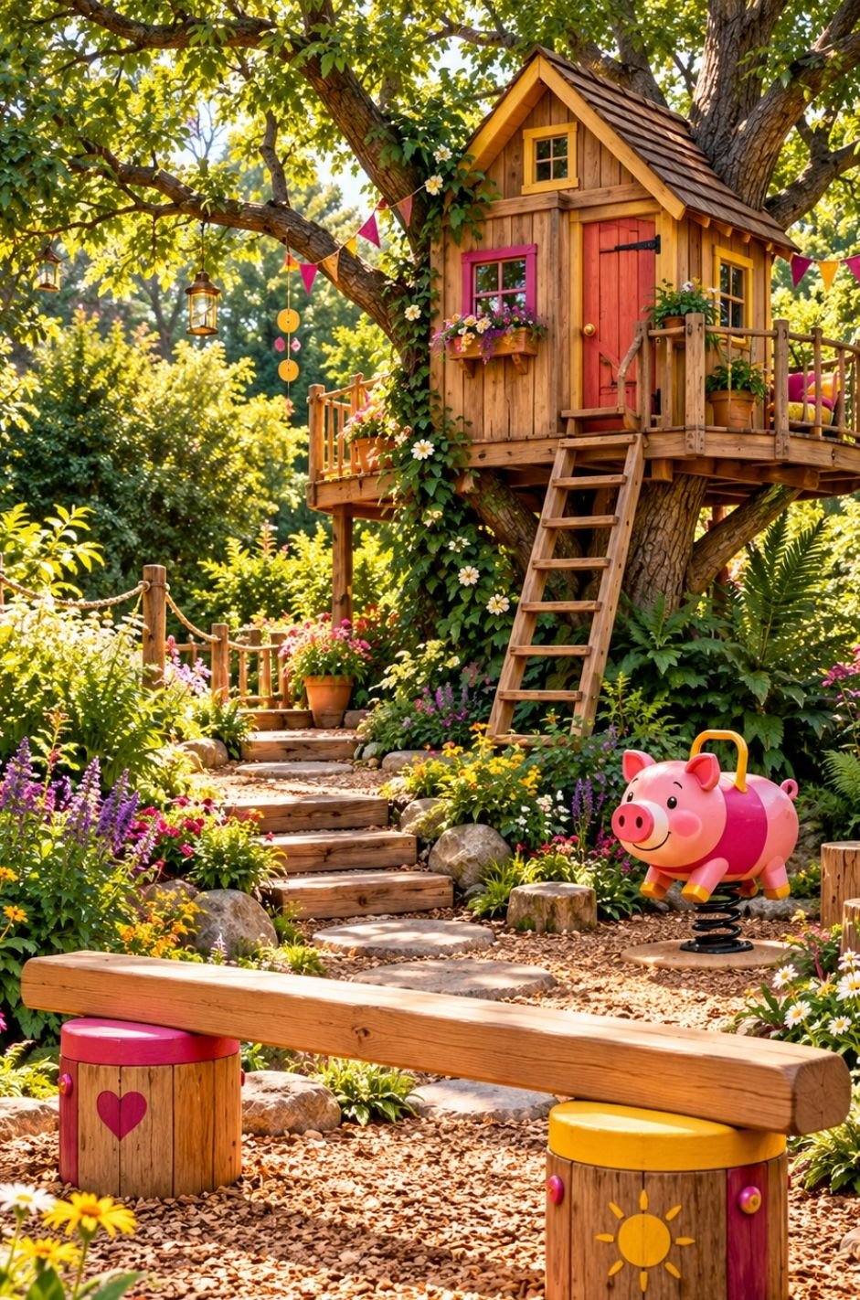 A colourful timber treehouse in a lush garden, with a balance beam and a small pink pig ride-on in the foreground.